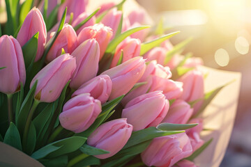 Fototapeta premium Beautiful bouquet of tulips. Floral composition. Beautiful fresh cut bouquet. Generative AI