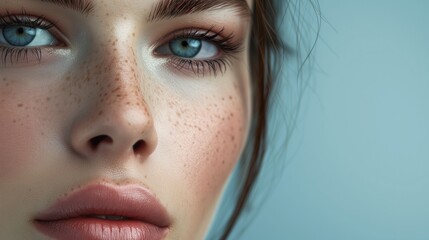 Fototapeta premium a macro close-up portrait of a face of a young white caucasian woman with perfect skin, freckles, natural make-up. Face details. Skin beauty and hormonal female health concept.