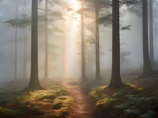 A misty morning scene in a mountainous forest. Generative AI.
