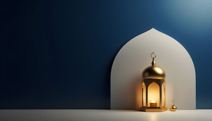 Islamic lantern illuminates miniature mosque arch, representing spirituality and the holy month of ramadan on a peaceful blue backdrop with room for text