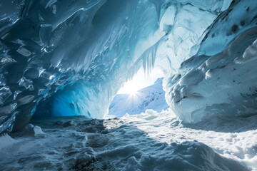 Blue crystal ice cave entrance and an underground river beneath the glacier. Generative AI