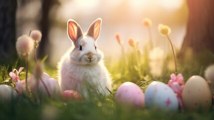 Fototapeta premium Happy Easter. hare with pink bow, ribbon and painted eggs on grass. tradition of looking for colorful eggs. copy space