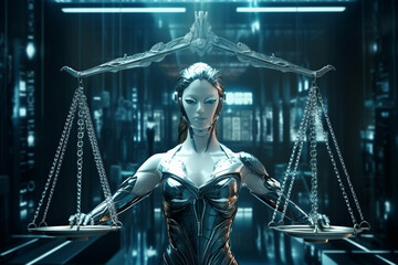 Fototapeta na wymiar AI judge. AI in image of goddess Themis. Robot or cyborg woman with scales. Judge with computer artificial intelligence judges people for offenses. Artificial neural network works as a judge