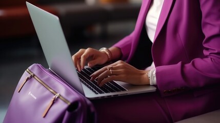 a woman in a violet, lilac suit is typing on a laptop at the airport. businessman in the terminal...