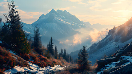 Stunning winter landscape with a snow-capped mountain illuminated by the morning sun, surrounded by a lush evergreen forest and gentle mist for added beauty