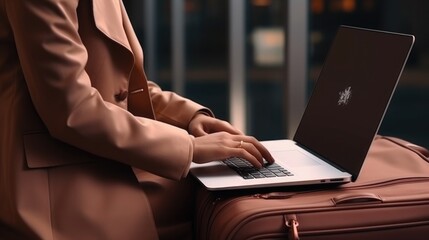 a woman in a brown suit is typing on a laptop at the airport. businessman in the terminal with luggage. work online