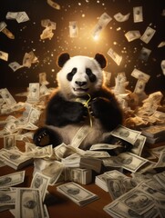 jackpot and lottery winnings. the panda, animal, bear, screams happily. dollars are falling from...