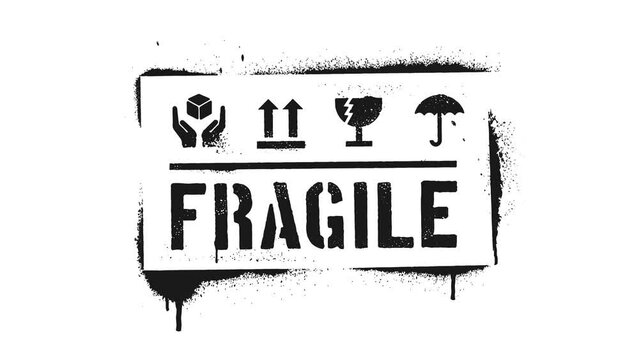 Fragile Sign Spray Paint stencil animation. Alpha channel, transparent background. 4K resolution