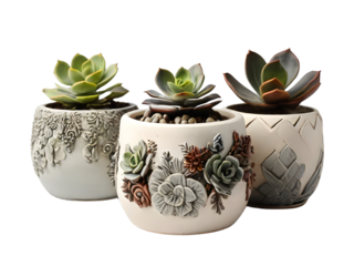 Succulents in a ceramic vase on a transparent background.