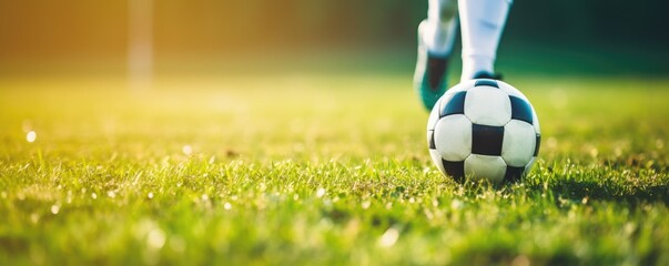 Foot of soccer player kicking football ball on amazing grass stadium.