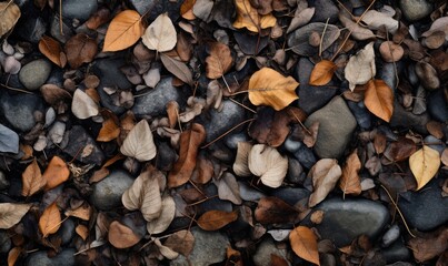 Dry leafs, small stones and twigs are scattered around on the ground, large scale, top view, detailed texture.