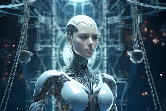 AI judge. AI in image of goddess Themis. Robot or cyborg woman with scales. Judge with computer artificial intelligence judges people for offenses. Artificial neural network works as a judge