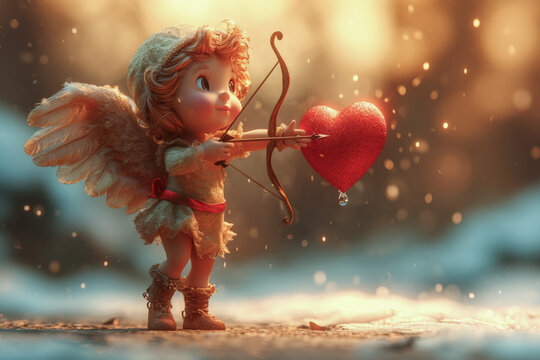 adorable mu&ntilde;eco de dibujos animados de  Cupido  apuntando con su arco y flecha a un coraz&oacute;n rojo con fondo desenfocado de bosque nevando. Concepto celebraciones, San Valentin, amor
