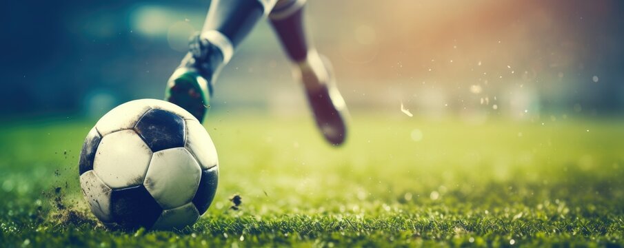 Foot of soccer player kicking football ball on amazing grass stadium.