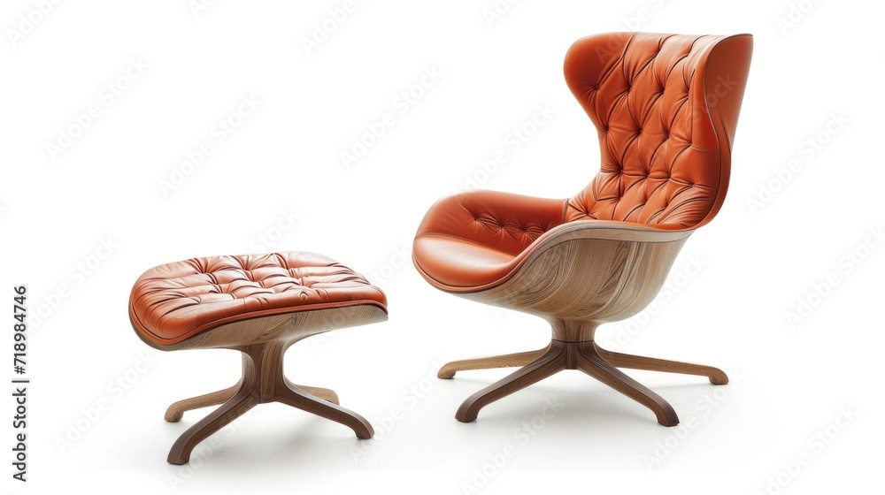 Sticker A chair and ottoman with a leather seat on wooden legs, AI