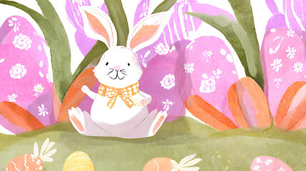 Obraz premium Watercolor Easter Bunny and Easter Eggs Background 