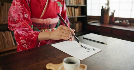 Hands, writing and Japanese woman for traditional script on paper, documents and letters in home....