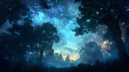 Fototapeta na wymiar Celestial Symphony: Enchanting Night Sky and Majestic Forest Silhouettes