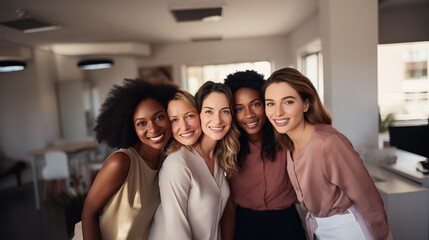 Five cheerful close up stylish diverse business women friends or teachers in light office smiling at camera for women's solidarity and equal rights