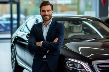 Confident Businessman at Car Dealership. Suave salesman in a suit, arms crossed, with a luxury car.