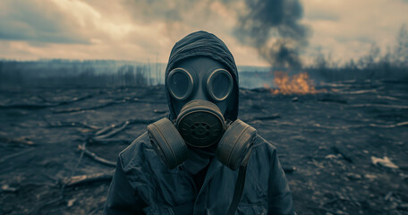 Survivor in a Post-Apocalyptic Wasteland. A solitary figure in a gas mask surveys a desolate, charred landscape, with fire and smoke in the background.
 - obrazy, fototapety, plakaty
