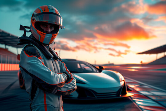 Race Car Driver Portrait at Sunset on Track. A confident race car driver stands arms crossed on the racetrack with a sleek sports car and sunset in the background.