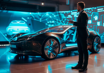 Man Presenting Futuristic Concept Car. Businessman gesturing towards a futuristic concept car illuminated by blue neon lights at a technology expo.