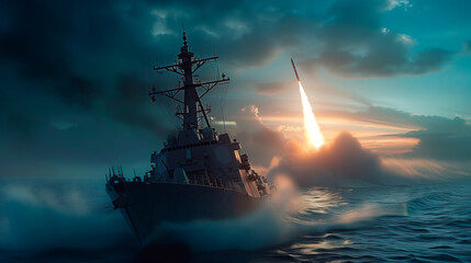 Naval Vessel Launching Missile at Sunset. Military ship on the sea launching a missile, with dramatic sunset and clouds in the background. - obrazy, fototapety, plakaty