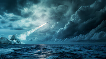 Warship or Submarine Launching Missile at Sea at Dusk. A naval warship or submarine firing a missile over the ocean under a dramatic evening sky, capturing a moment of military action. - obrazy, fototapety, plakaty