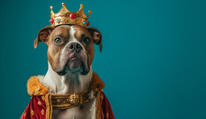 Regal Dog in Crown and Royal Mantle. Boxer dog dressed in a royal mantle and crown against a teal...