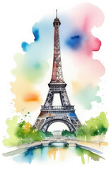 Fototapeta na wymiar watercolor vertical postcard with Eiffel Tower on white backrop, famous Paris sight. France capital.