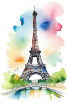 watercolor vertical postcard with Eiffel Tower on white backrop, famous Paris sight. France capital.
