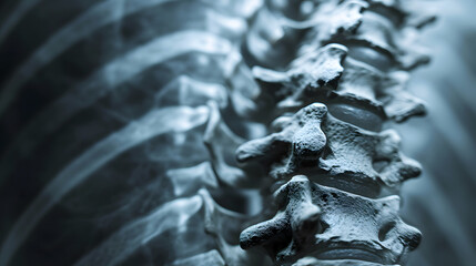 X ray film of the spine reveals cervical spondylosis, illuminated to emphasize each vertebra - obrazy, fototapety, plakaty