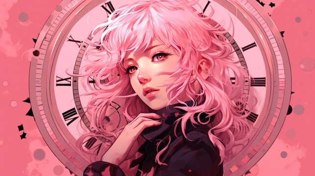 Anime beautiful girl with pink hairs at pink big clocks background illustration with space for text.