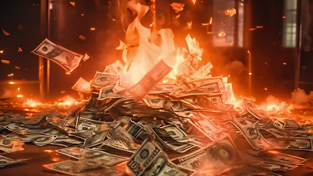 Pile of Money on Fire, inflation bankrupt concept