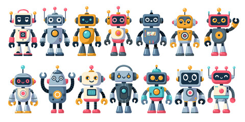 Set of cheerful funny cartoon children's robots. Cute cyborgs, futuristic modern bots, android, smiling characters in flat vector illustration isolated on white background. Science technology concept.