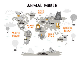 Vector world map for kids with cute animals. Children's map design for wallpaper, kid's room, wall art. America, Europa, Asia, Africa, Australia, Arctica. illustration. Animal world. Continents. 