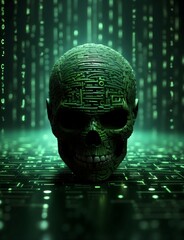 The Skull Illustration: A Hyperdetailed Matrix of Binary Brilliance with vibrant canvas illuminated by a cascade of dark green binary code Generated with AI - obrazy, fototapety, plakaty