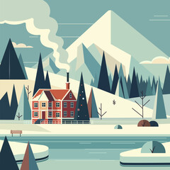 Winter mountain landscape with fir-trees and country house at the north hills. Forest in the snow. Alps in panoramic view. Cold season postcard. White clouds on blue sky. Vector illustration