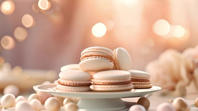 Italian macarons and confetti hearts on a pink background, Valentine's Day card