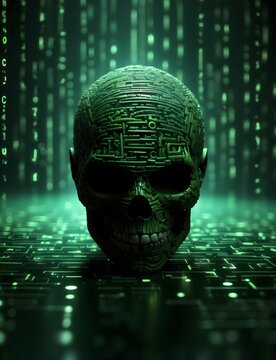 The Skull Illustration: A Hyperdetailed Matrix of Binary Brilliance with vibrant canvas illuminated by a cascade of dark green binary code Generated with AI