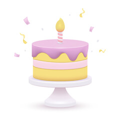 3D Birthday Cake Icon. Cute Holiday Anniversary Celebration Dessert. Vector Illustration Cartoon Minimal Style.