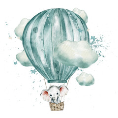 Baby elephant with balloons. Watercolor hand painted illustrations for baby girl shower isolated on white background 