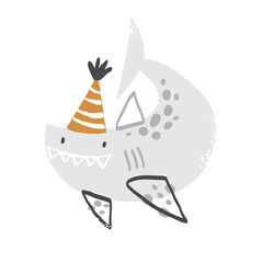 Cute smiling shark in festive hat on white background. Vector illustration. Cliparts for decorating children's birthday party, party, invitations, cards, baby shower.