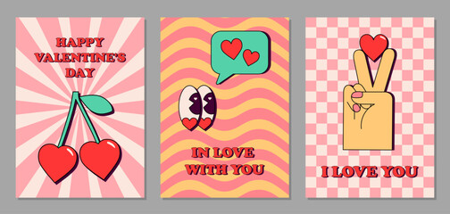 Set of Valentine's Day cards in retro groovy style. Cherries in shape of heart, eyes and speech bubble with hearts, hand with heart. Rectangular templates, posters, wall art on checkered and striped 