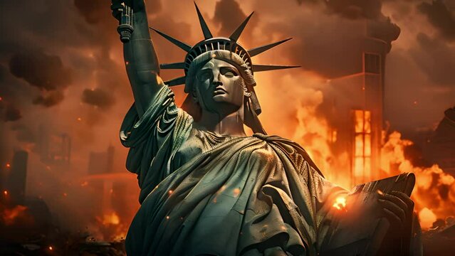 The statue of Liberty crying, inflation concept, a falling graph. The economic crisis in America. Decline in industrial production in the United States. The deterioration of the US economic indicators