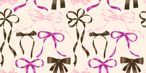 Seamless pattern with various cartoon satin bow knots, gift ribbons. Trendy hair braiding accessory. Hand drawn vector illustration. Valentine's day background. - 718988738
