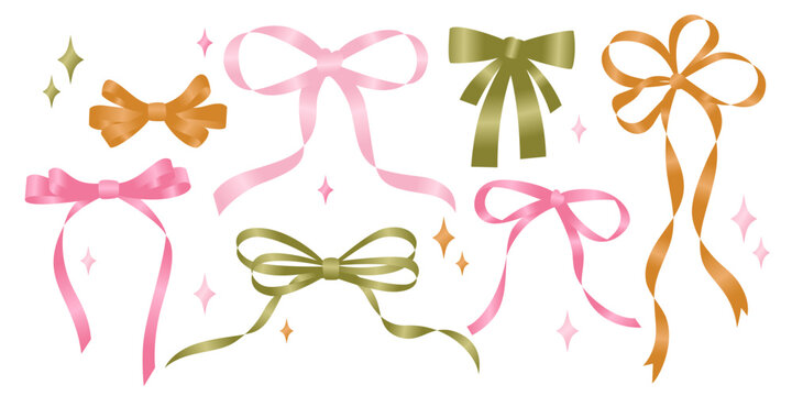 Set of various cartoon satin bow knots, gift ribbons. Trendy hair braiding accessory. Hand drawn vector illustration.