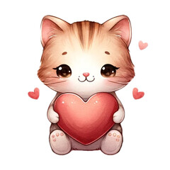Cat love romantic valentine day. Clip art illustration watercolor Isolated On Transparent Background.
