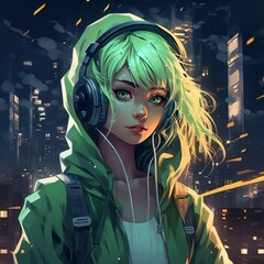 A girl with green neon glowing eyes, in a hood with headphones, green hair against the background of a night city
